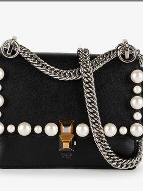 Fendi Black Shoulder Bag with Pearl Trim and Silver Chain